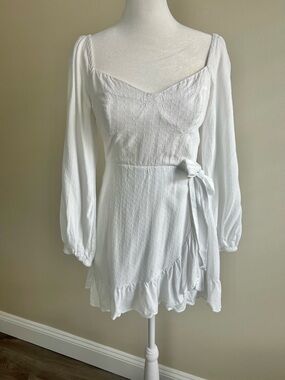 Lulus Always the Right Time White Ruffled Balloon Sleeve Rayon Mini Dress S